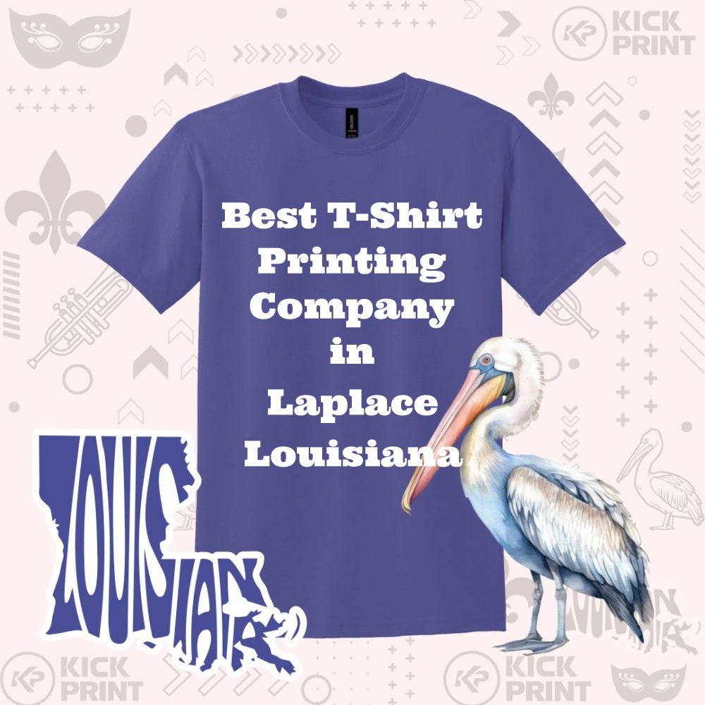 A purple t-shirt with the text Best T-Shirt Printing Company in Laplace Louisiana is displayed. The background features Louisiana-themed graphics, including a pelican, a trumpet, and a stylized Louisiana state shape.