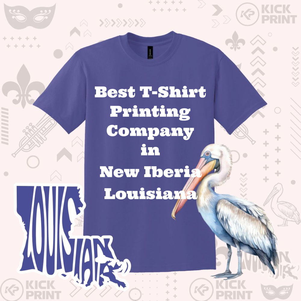 A purple T-shirt displays the text Best T-Shirt Printing Company in New Iberia Louisiana. Behind it is a Louisiana-shaped graphic and a pelican, with faint artistic icons in the background.