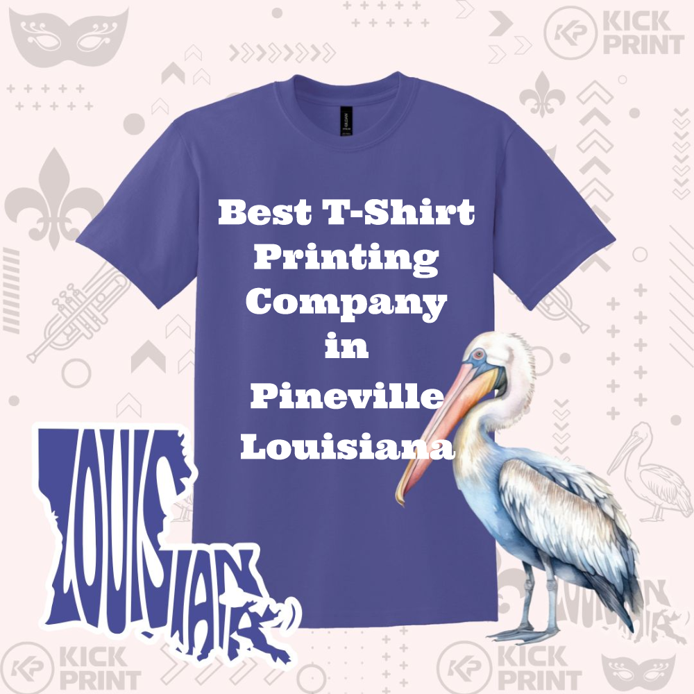 A purple t-shirt with bold white text reading Best T-Shirt Printing Company in Pineville Louisiana, next to a pelican illustration and a stylized Louisiana graphic. Background features faint Louisiana-themed icons.