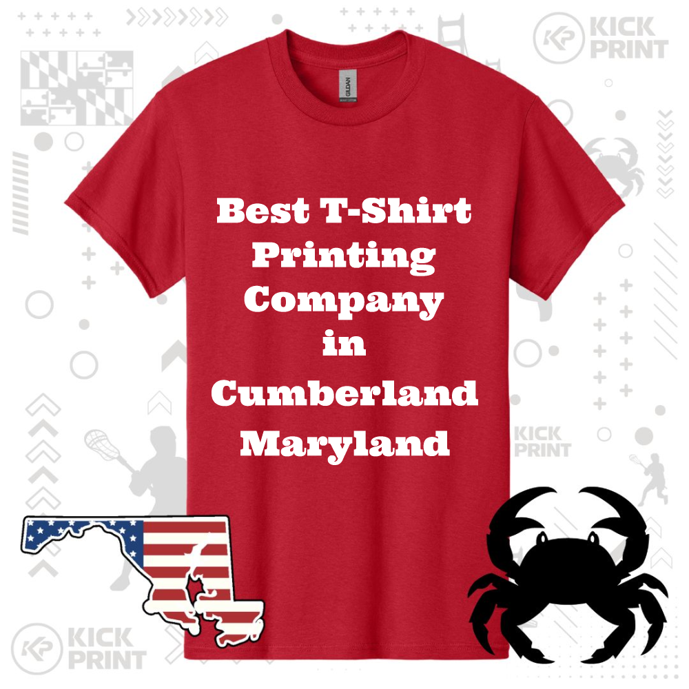 Red t-shirt with white text reading “Best T-Shirt Printing Company in Cumberland Maryland.” Surrounded by a black crab graphic and a Maryland state outline with a U.S. flag design, on a white patterned background.