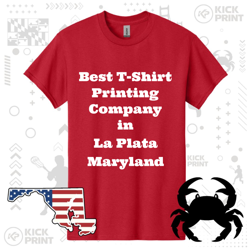 Red t-shirt with bold white text reading, Best T-Shirt Printing Company in La Plata Maryland. The background includes a crab illustration and an outline of Maryland with an American flag design.