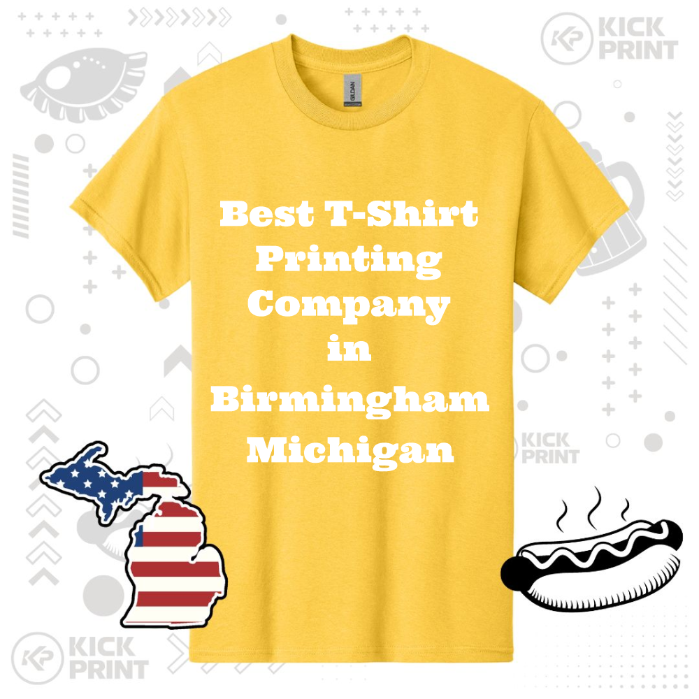 A yellow t-shirt with bold white text that reads, Best T-Shirt Printing Company in Birmingham Michigan. The background features graphic elements like a hot dog, Michigan state outline, and abstract designs.