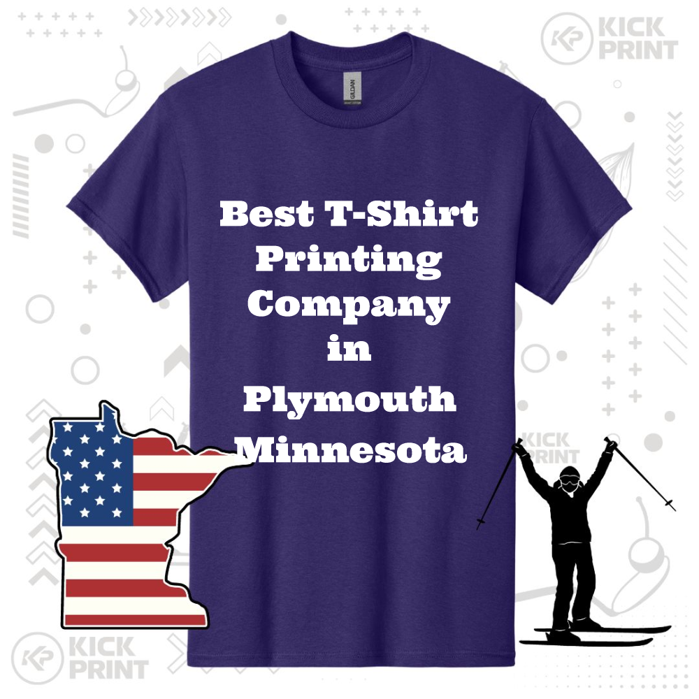 A purple t-shirt with white text reads, Best T-Shirt Printing Company in Plymouth Minnesota. The background includes a US flag-shaped Minnesota outline and a silhouette of a skier.