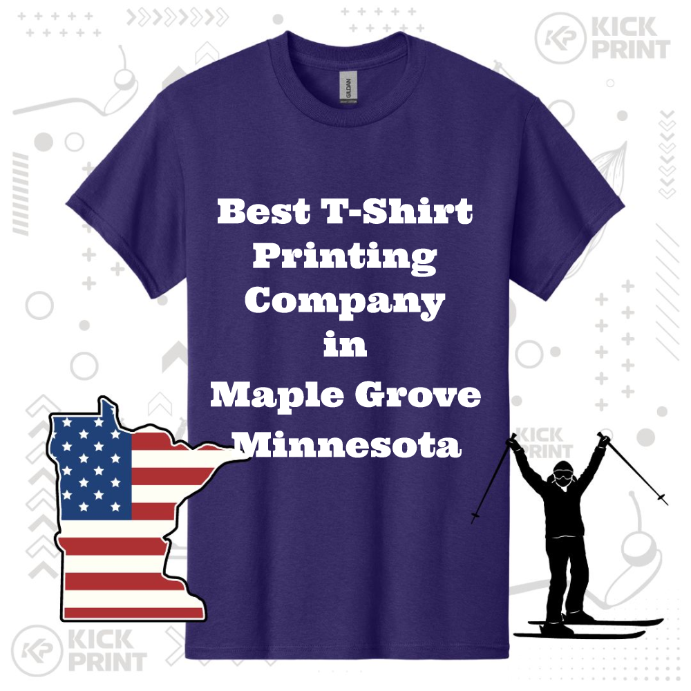 A purple T-shirt with bold white text that reads, Best T-Shirt Printing Company in Maple Grove Minnesota. The image also includes a Minnesota state outline with an American flag design and a silhouette of a skier.