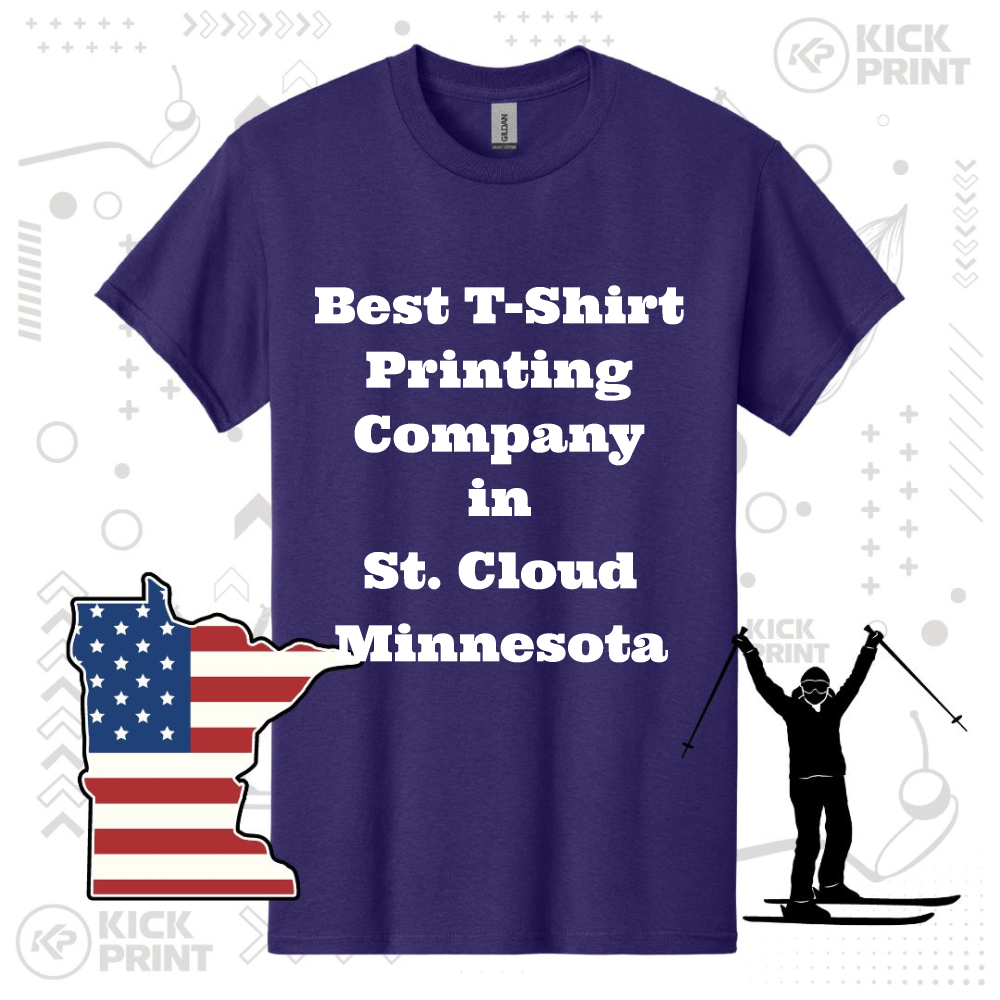 A purple t-shirt with bold white text reading Best T-Shirt Printing Company in St. Cloud Minnesota. The background features a skier silhouette and a Minnesota state outline with a U.S. flag pattern.