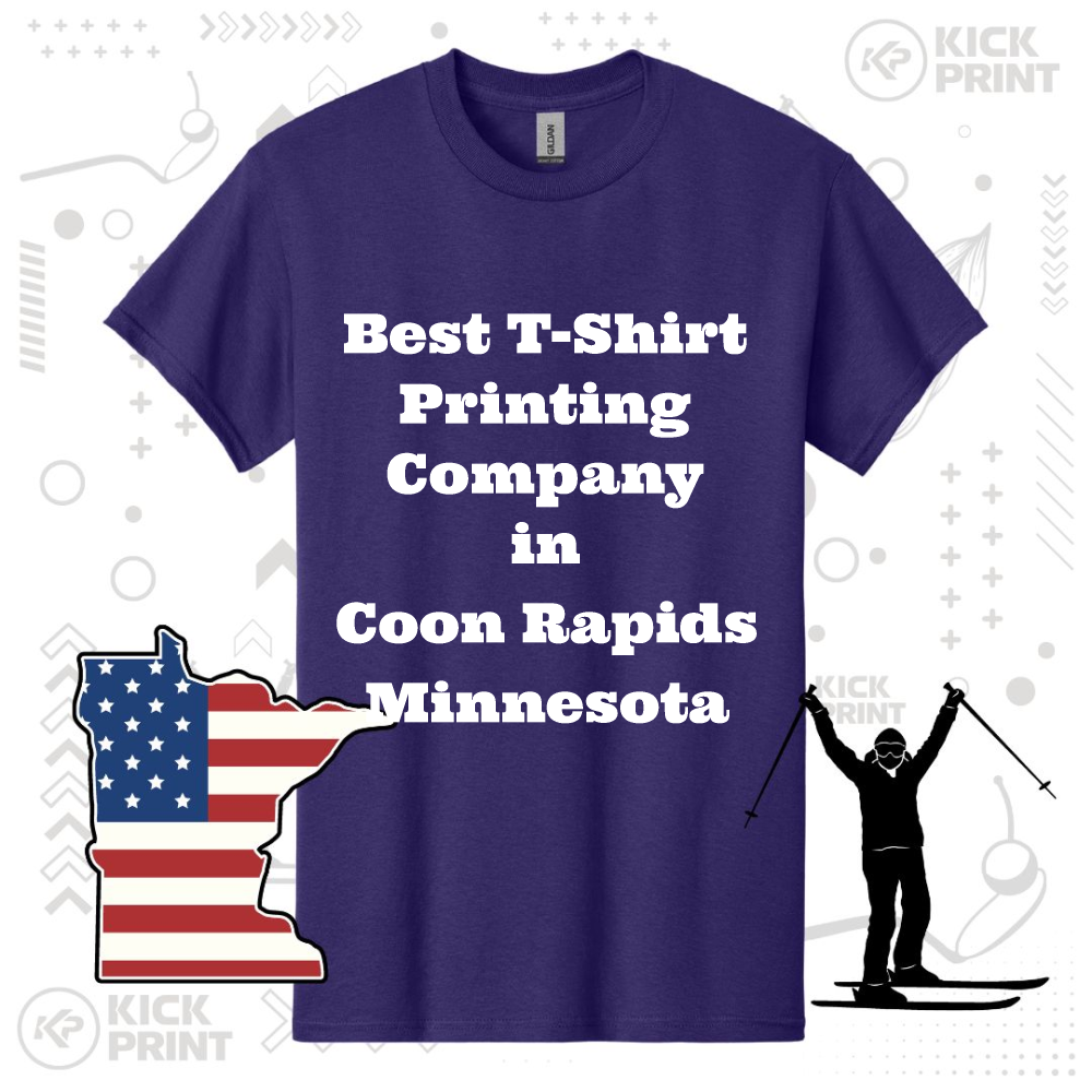 A purple T-shirt displays the text Best T-Shirt Printing Company in Coon Rapids Minnesota. Next to it are outlines of Minnesota with an American flag pattern, and a person waterskiing.