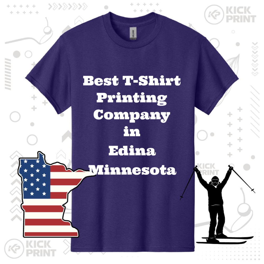 A purple t-shirt with the text Best T-Shirt Printing Company in Edina Minnesota. Next to it is a Minnesota state outline with a US flag design and a silhouette of a skier. Background includes faint Kick Print logos.