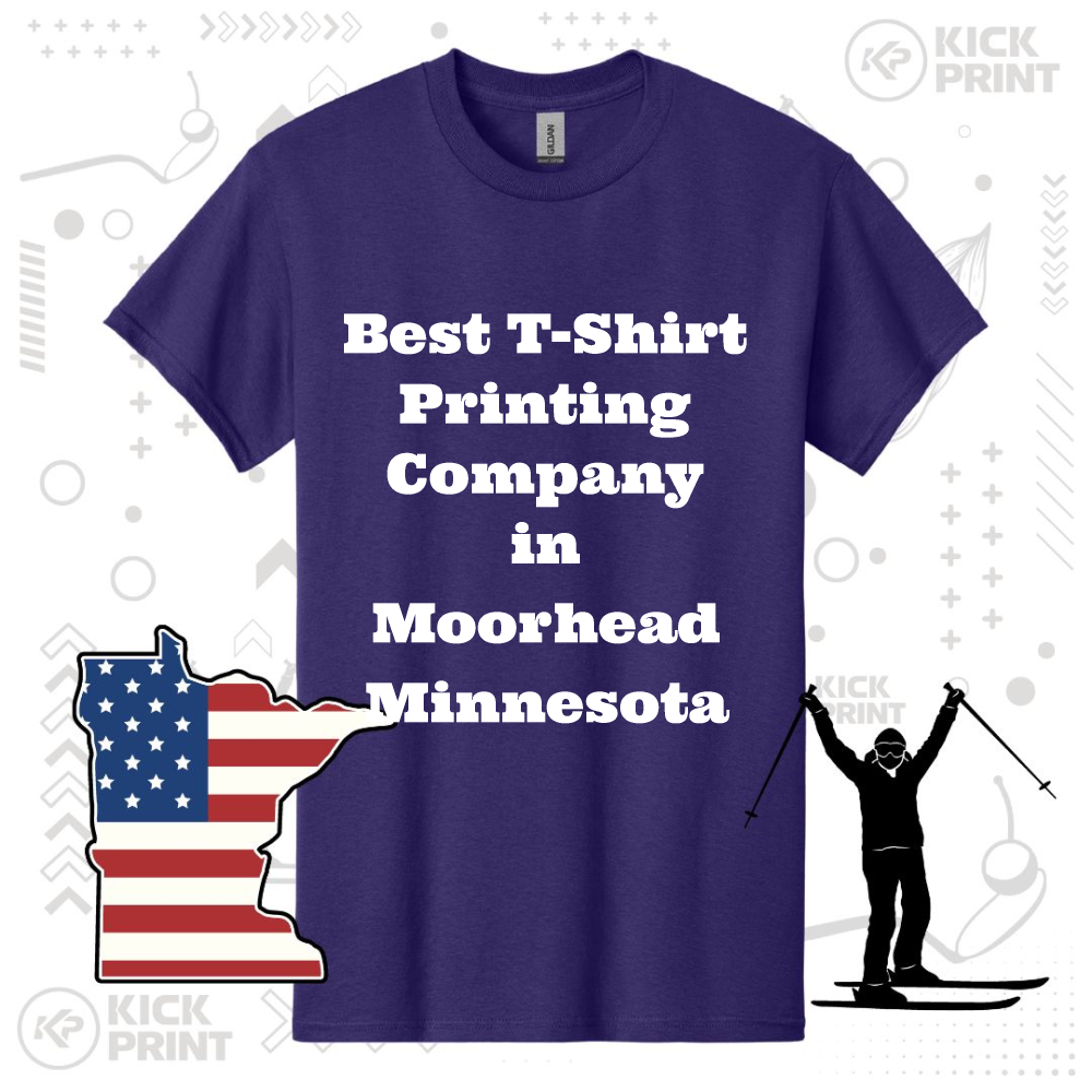 A purple T-shirt displays the text “Best T-Shirt Printing Company in Moorhead Minnesota.” The background features a U.S. flag map of Minnesota and a silhouette of a skier, with faded Kick Print logos behind.