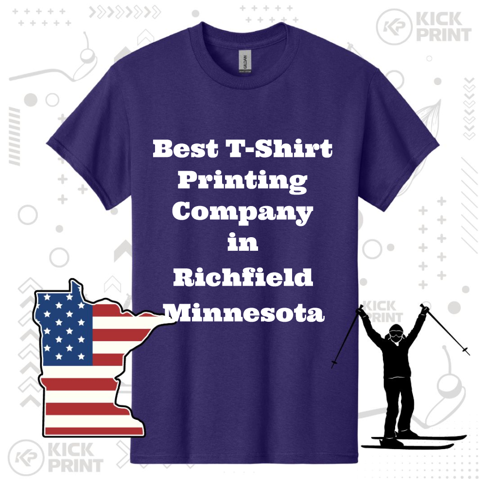 A purple t-shirt with bold white text that reads “Best T-Shirt Printing Company in Richfield Minnesota.” The image includes a silhouette of Minnesota with a U.S. flag pattern and a person skiing.