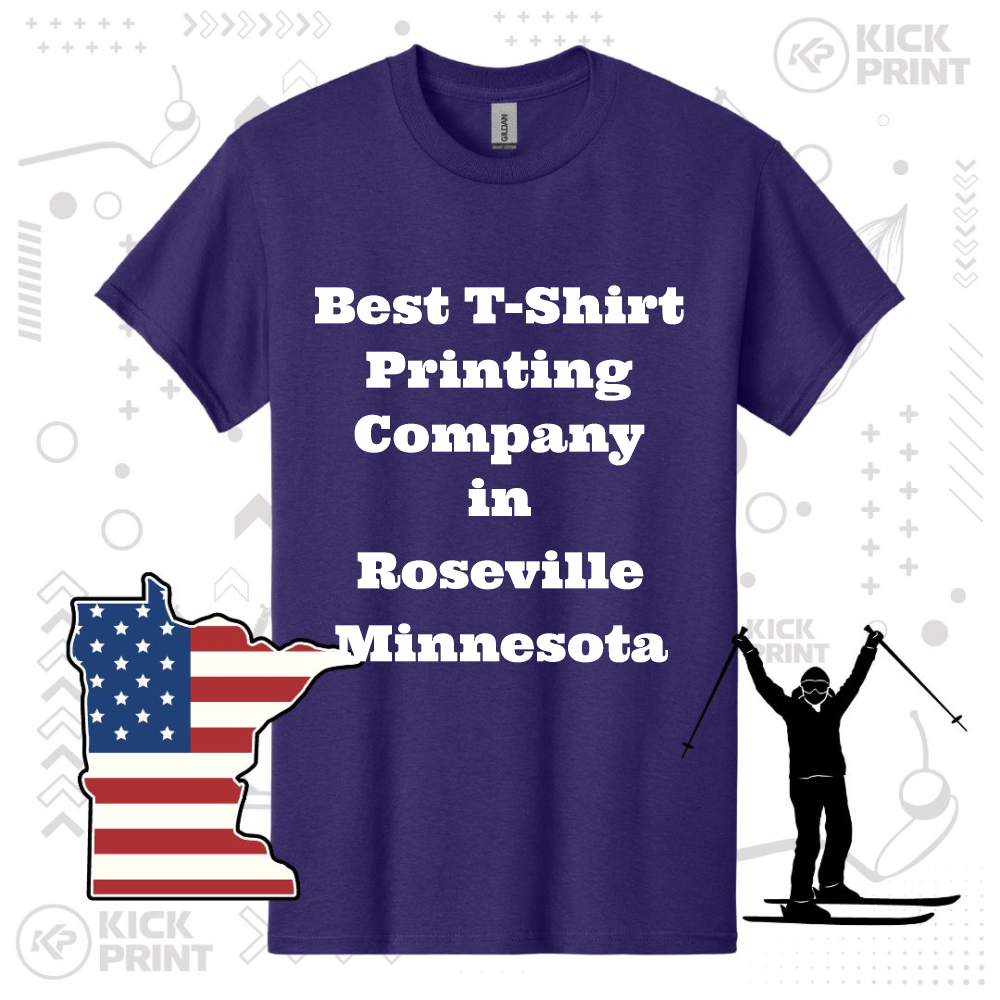 A purple t-shirt displays the text Best T-Shirt Printing Company in Roseville Minnesota. Surrounding it are a Minnesota state outline with an American flag pattern and a silhouette of a person skiing.