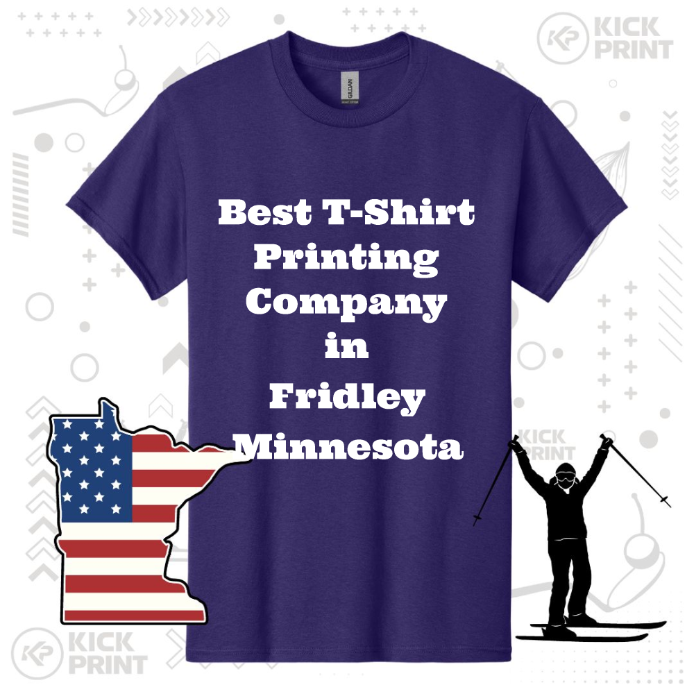 A purple t-shirt displays the text Best T-Shirt Printing Company in Fridley Minnesota. The background features a silhouette of Minnesota with an American flag design and a person skiing.