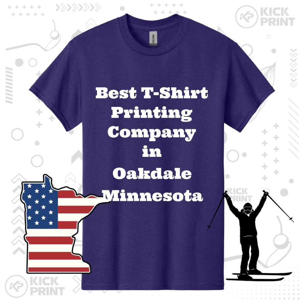 A purple t-shirt displays the text Best T-Shirt Printing Company in Oakdale Minnesota. An American flag-patterned Minnesota state outline and a silhouette of a person skiing are shown near the shirt.