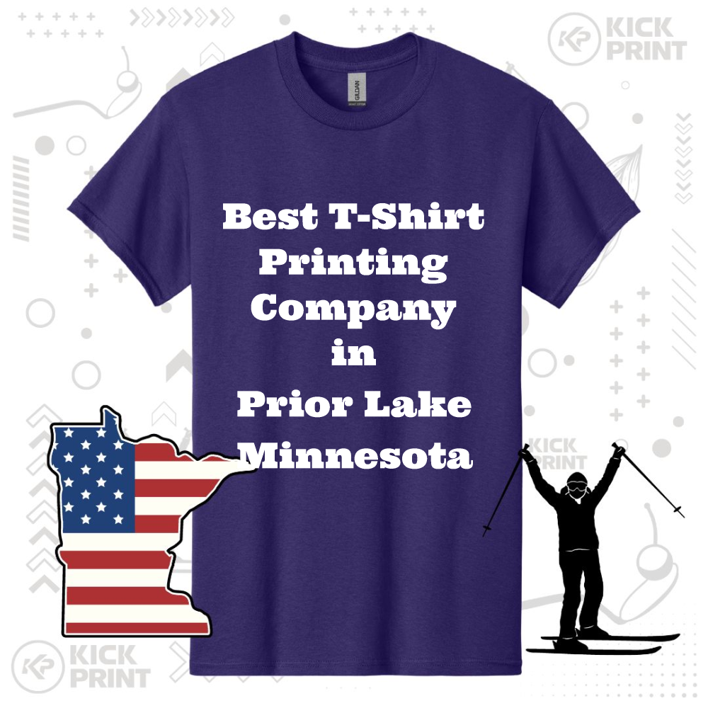 A purple T-shirt with bold white text reading Best T-Shirt Printing Company in Prior Lake Minnesota. Next to it are a Minnesota state outline with a U.S. flag pattern and a silhouette of a person skiing.