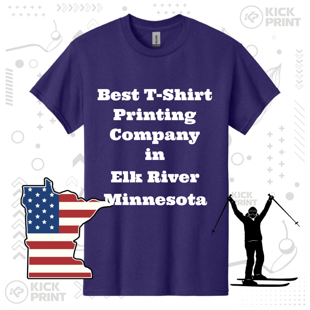 A purple t-shirt displays the text Best T-Shirt Printing Company in Elk River Minnesota. The image includes a silhouette of a skier and a Minnesota state outline with an American flag pattern.