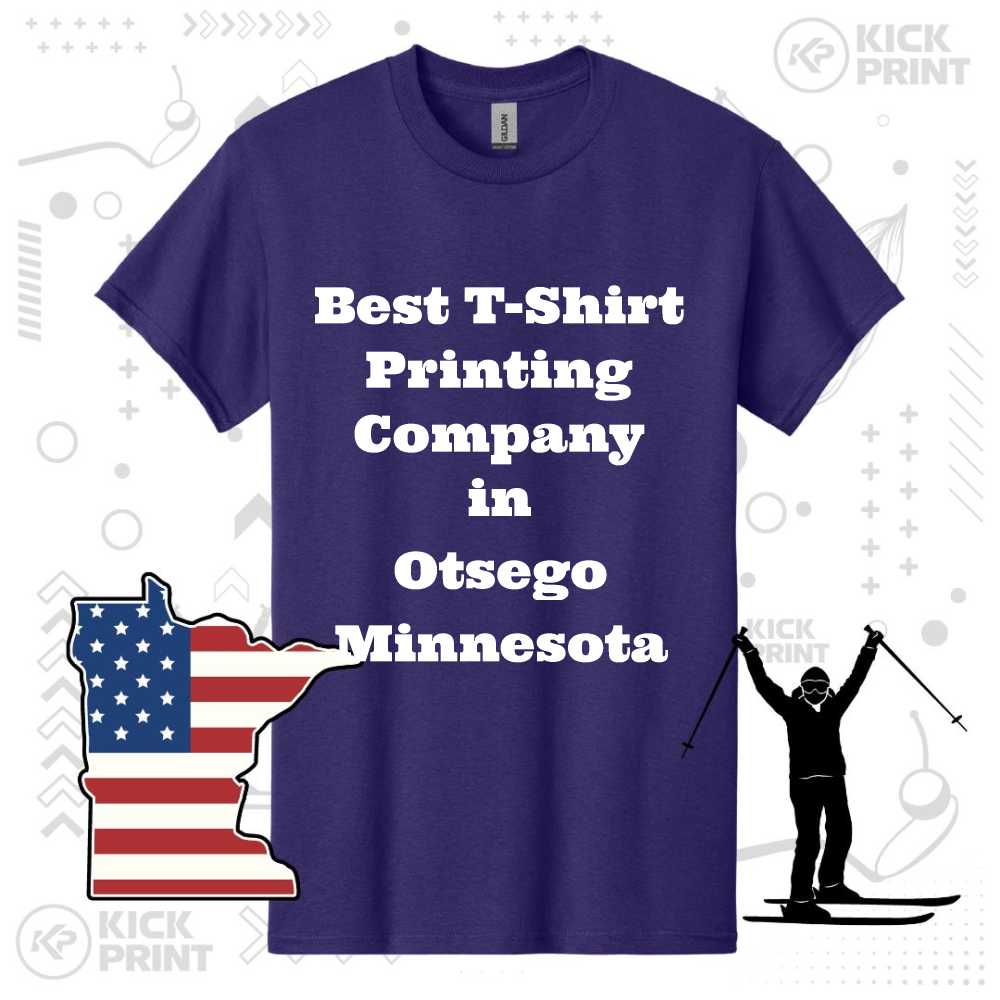 A purple t-shirt with white text reads Best T-Shirt Printing Company in Otsego Minnesota. Next to it, theres a graphic of Minnesota in a U.S. flag pattern and a silhouette of a person water skiing.