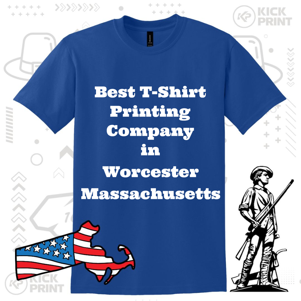 Blue t-shirt with bold white text that reads, Best T-Shirt Printing Company in Worcester Massachusetts. Decorative graphics include an illustrated patriot figure and a red, white, and blue Massachusetts map.