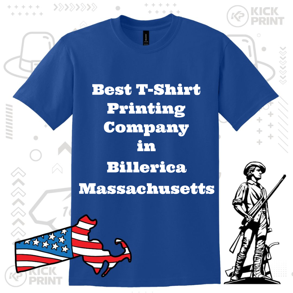 A blue T-shirt with the text “Best T-Shirt Printing Company in Billerica Massachusetts.” An illustrated Massachusetts state outline with a U.S. flag pattern and a black-and-white minuteman figure are beside the shirt.