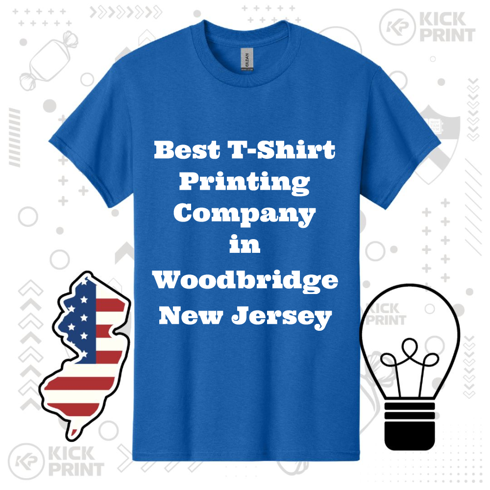 A blue t-shirt reads Best T-Shirt Printing Company in Woodbridge New Jersey, surrounded by a New Jersey state outline with the US flag design and a light bulb graphic.