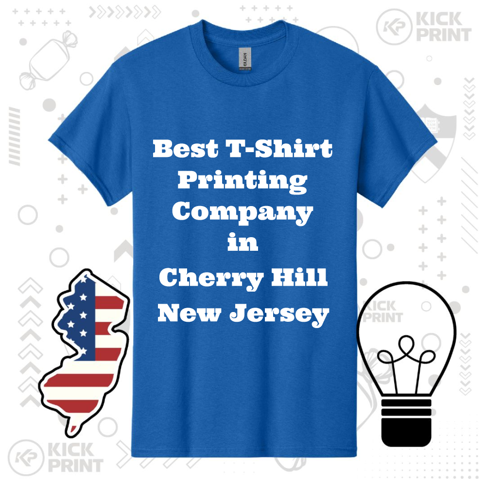 A blue t-shirt displays the text: Best T-Shirt Printing Company in Cherry Hill New Jersey. The background features a light pattern with icons, including a New Jersey state outline and a lightbulb.