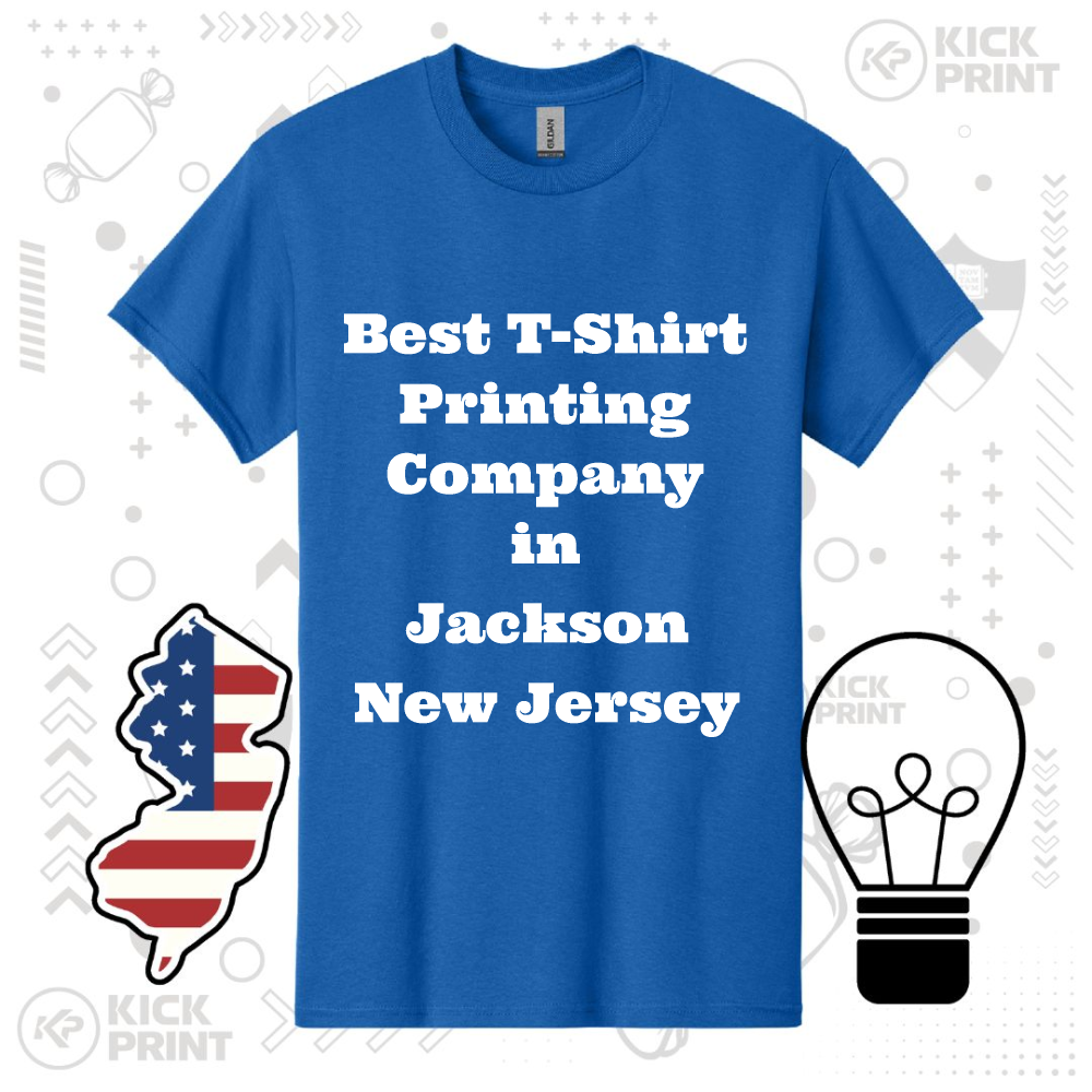 Blue t-shirt with the text Best T-Shirt Printing Company in Jackson New Jersey in bold white letters. The background features a New Jersey state graphic and a lightbulb illustration.