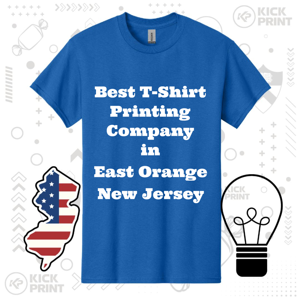 A blue T-shirt with bold white text that reads Best T-Shirt Printing Company in East Orange New Jersey, displayed on a light background with a New Jersey state graphic and a lightbulb illustration.