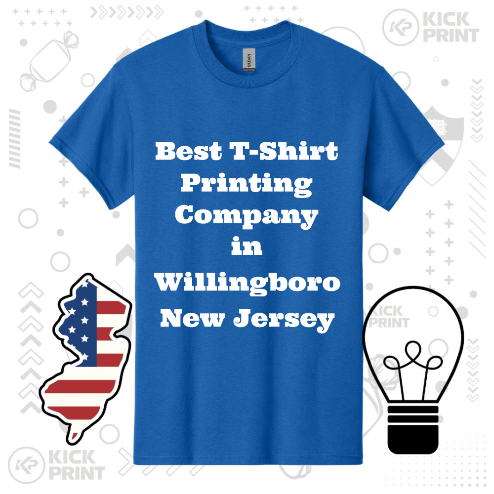 A blue t-shirt reads Best T-Shirt Printing Company in Willingboro New Jersey in bold white text. The background features a New Jersey state outline with a flag motif and a light bulb graphic.