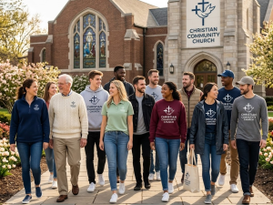 A diverse group of church members, young and old, walk and smile together outside a brick building with a sign that reads Christian Community Church. They wear church merch and appear happy and friendly.