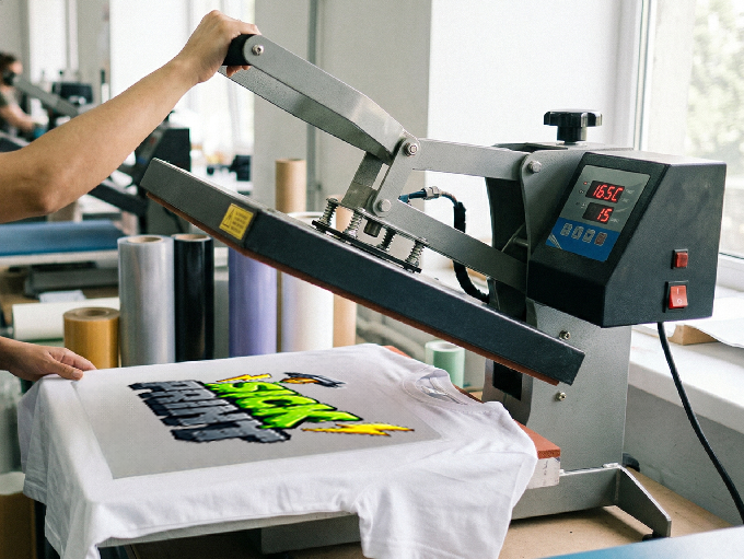 A person uses a heat press machine to print a colorful graphic design onto a white T-shirt using DTF transfers. Rolls of vinyl and a window are visible in the background, showcasing the process from the ultimate guide to DTF transfers.