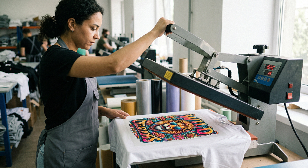 A woman uses a heat press machine for heat pressing a colorful Wild Creations lion graphic with DTF transfers onto a white T-shirt in a workshop filled with printed shirts and rolls of material.