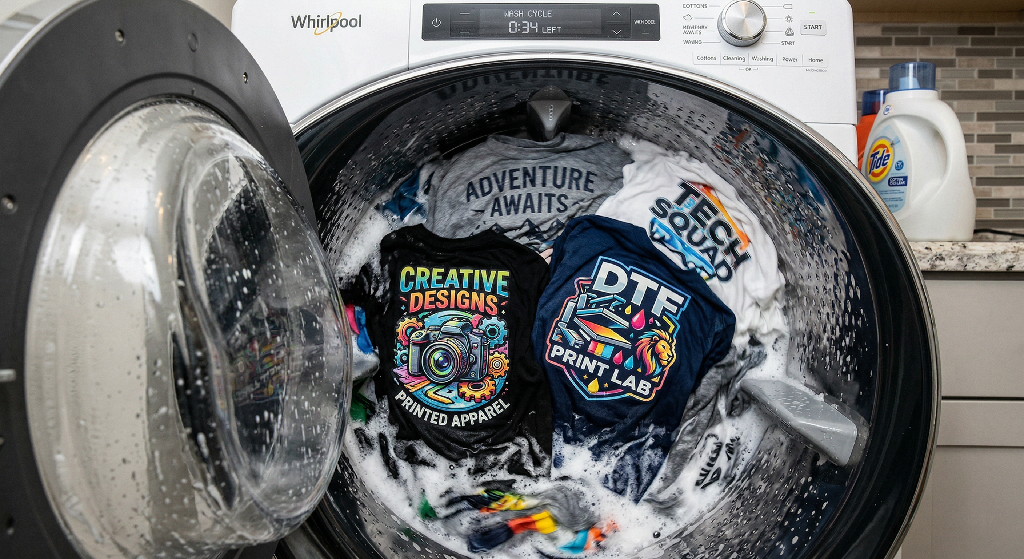 Front-load washing machine with its door open, washing colorful graphic t-shirts created with DTF transfers in soapy water. Laundry detergent and supplies are on the counter behind the machine in a home laundry room.