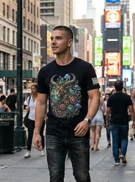 A man wearing a black graphic T-shirt made with DTF transfers and jeans walks confidently down a busy city street, with tall buildings, streetlights, and colorful signs in the background.