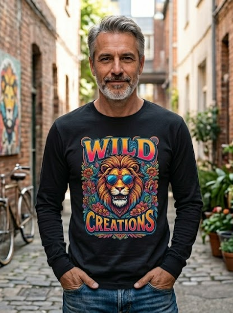 A man with gray hair and a beard stands in a cobblestone alley, wearing a black shirt featuring a colorful lion with sunglasses and the words Wild Creations, created using DTF transfers. Bicycles and plants line the brick walls behind him.