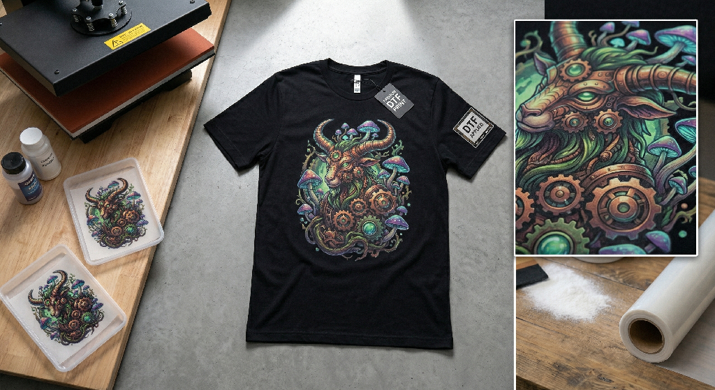 Black t-shirt with a colorful, detailed design of a goat with gears, mushrooms, and tentacles. Supplies and DTF transfers for heat pressing are nearby on a table. Inset shows a close-up of the vibrant artwork.