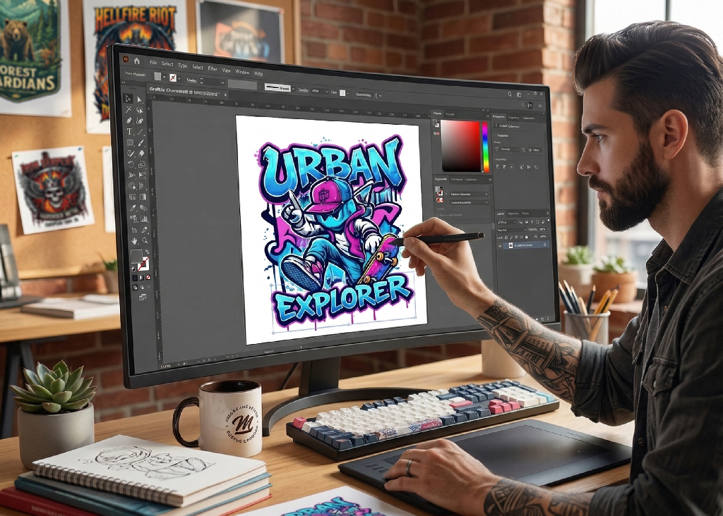 A bearded man uses a stylus to create a colorful Urban Explorer graffiti-style digital artwork on a computer in a modern, art-filled studio, preparing the design for DTF transfers. Art supplies and sketchbooks are scattered on the desk.