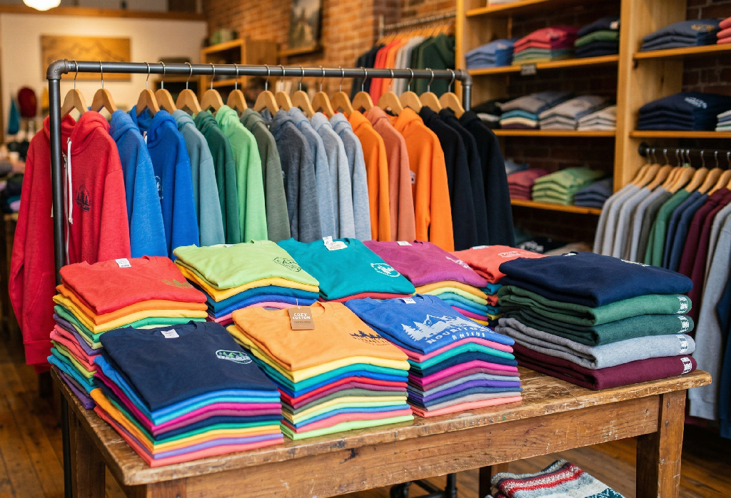 A clothing store displays colorful folded t-shirts on a wooden table, many featuring vibrant designs created with top DTF transfers and heat pressing, with racks of hoodies and long-sleeves in various colors hanging behind.