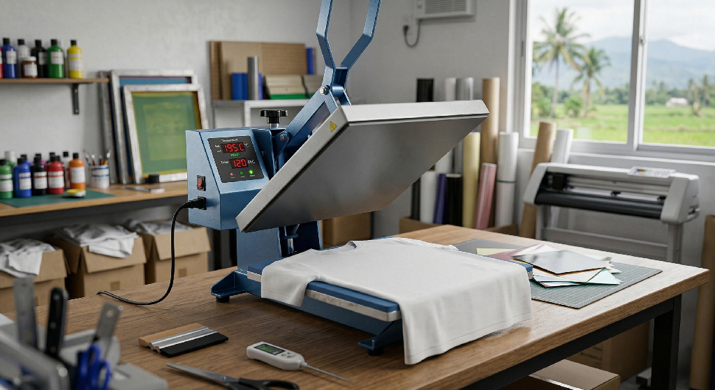 A heat press machine in a workspace with shelves of colored bottles, vinyl rolls, and cutting tools is heat pressing DTF transfers onto a white T-shirt. A window reveals a scenic view of palm trees and mountains outside.
