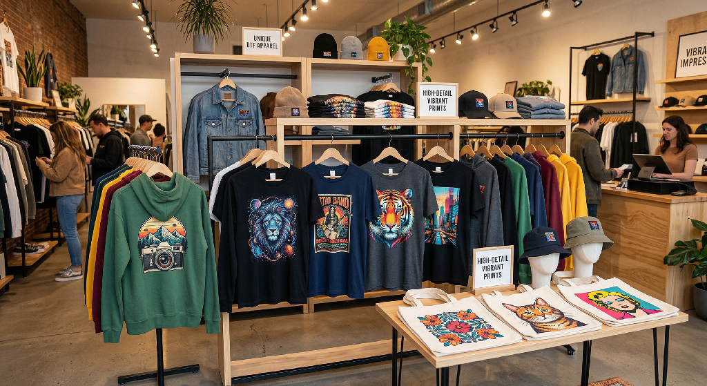 Clothing store with colorful sweatshirts featuring animal and nature designs created using DTF transfers, hats, tote bags, and folded shirts on display. Several people shop and work at the register in a well-lit, modern interior with plants.