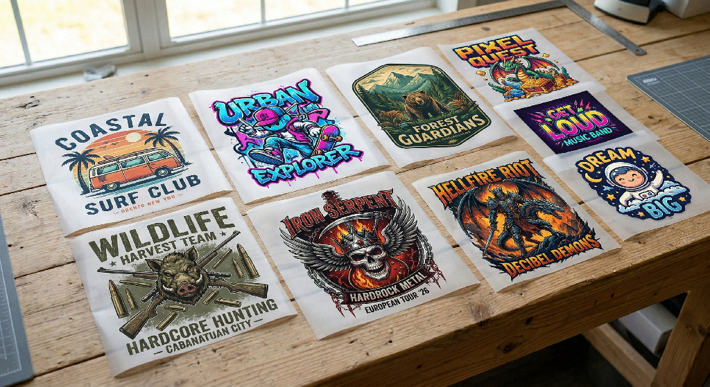 Nine colorful graphic prints, created with vibrant DTF transfers and heat pressing techniques, showcase themes like surfing, wildlife, music, and motivation. They’re artfully arranged on a rustic wooden table near a sunlit window.
