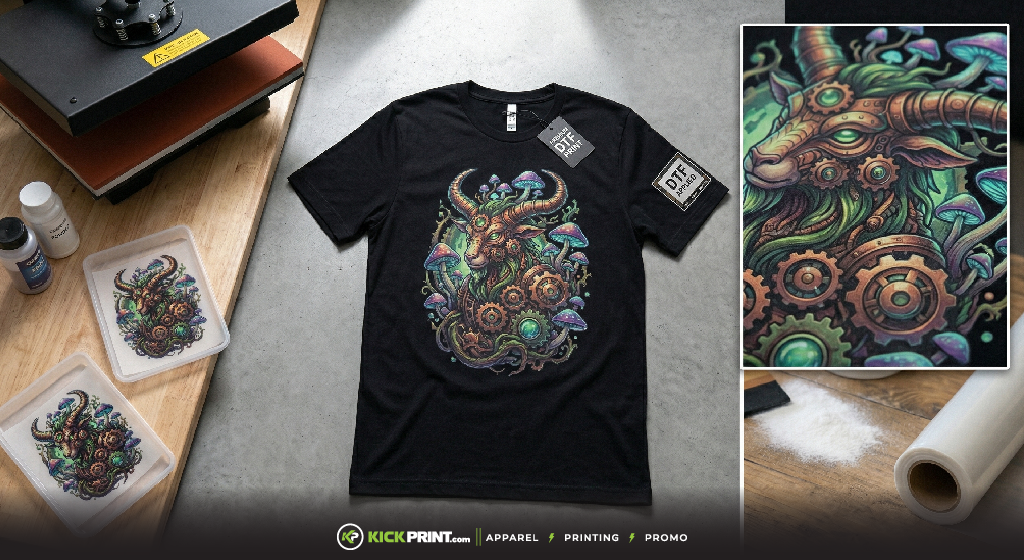 A black T-shirt with a colorful, detailed graphic of a steampunk goat surrounded by gears and foliage, displayed on a table with printing supplies, highlighting the vibrant results achieved using DTF transfers in a close-up inset of the design.