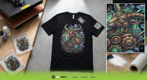 A black t-shirt with a colorful, detailed steampunk goat head surrounded by gears and foliage is displayed on a work table. An inset shows the intricate artwork created using top DTF transfers for sharp, vivid detail.
