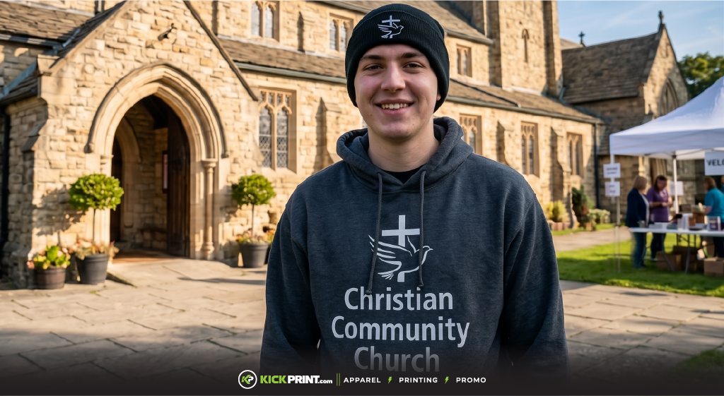 A smiling young person in a beanie and church merch hoodie stands in front of a stone church, with fellow church members and event tents visible in the background on a sunny day.