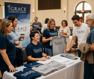 A group of church members at a Grace Community Church event distribute branded church merch at a table indoors. Attendees are smiling, chatting, and holding coffee cups, creating a welcoming and friendly atmosphere.