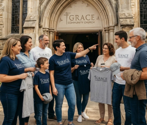 A diverse group of church members stand smiling and talking outside Grace Community Church, proudly wearing matching church merch like T-shirts and hats. The church’s arched entrance is visible behind them.