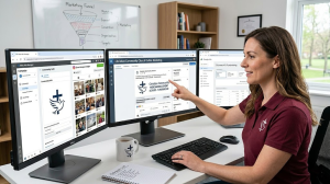 A woman sits at a desk with three monitors, managing social media pages for a church. She points at one screen, while a marketing funnel diagram and ideas for promoting church merchandise are visible on a whiteboard behind her.