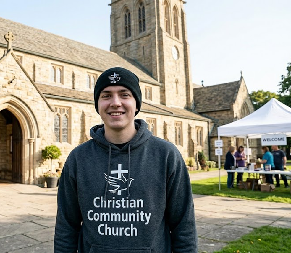 A young person smiles while standing in front of a stone church building, wearing church merch—a beanie and a hoodie that reads Christian Community Church. A white tent and church members are visible in the background.