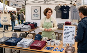A woman stands at a booth selling church merch like shirts, hats, mugs, pens, and water bottles to church members. A price list is displayed, and a Christian Community Church logo banner hangs on the tent behind her.