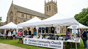 Outdoor fundraiser at a church, where church members browse tables of apparel, books, and gifts under white tents. A sign reads Christian Community Church Merch Event & Sales - Fundraiser! A great way to support church marketing efforts.