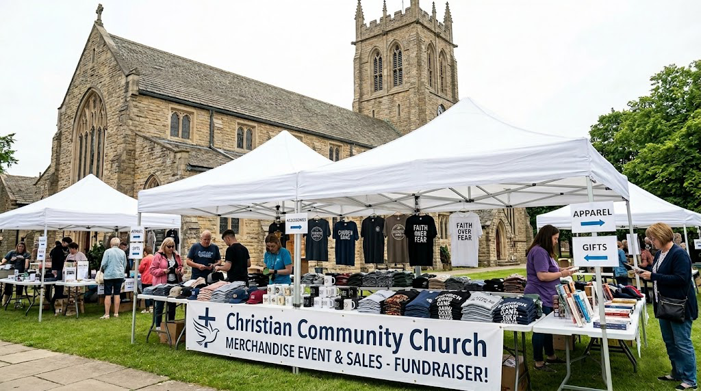 Outdoor fundraiser at a church, where church members browse tables of apparel, books, and gifts under white tents. A sign reads Christian Community Church Merch Event & Sales - Fundraiser! A great way to support church marketing efforts.