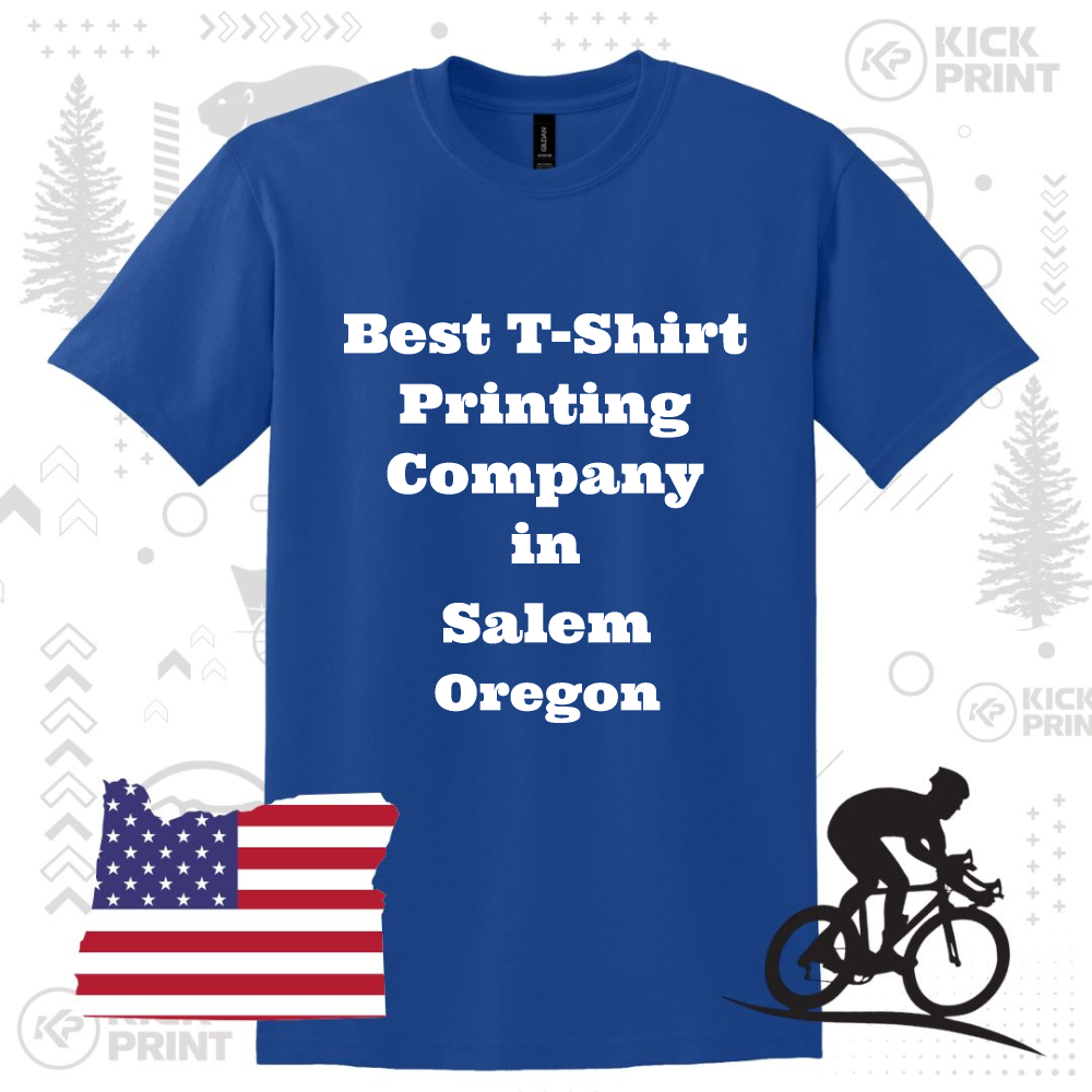 A blue t-shirt with the text Best T-Shirt Printing Company in Salem Oregon in bold white letters. The background features subtle graphics, including a U.S. flag, an outline of Oregon, and a cyclist silhouette.