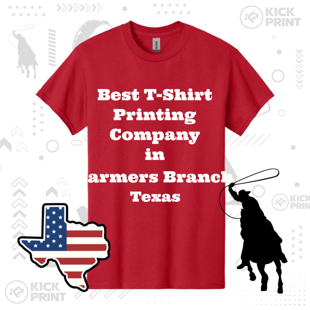 A red T-shirt with bold white text reading “Best T-Shirt Printing Company in Farmers Branch Texas.” The background features silhouettes of a lassoing cowboy, Texas state shape with a flag design, and subtle graphic patterns.